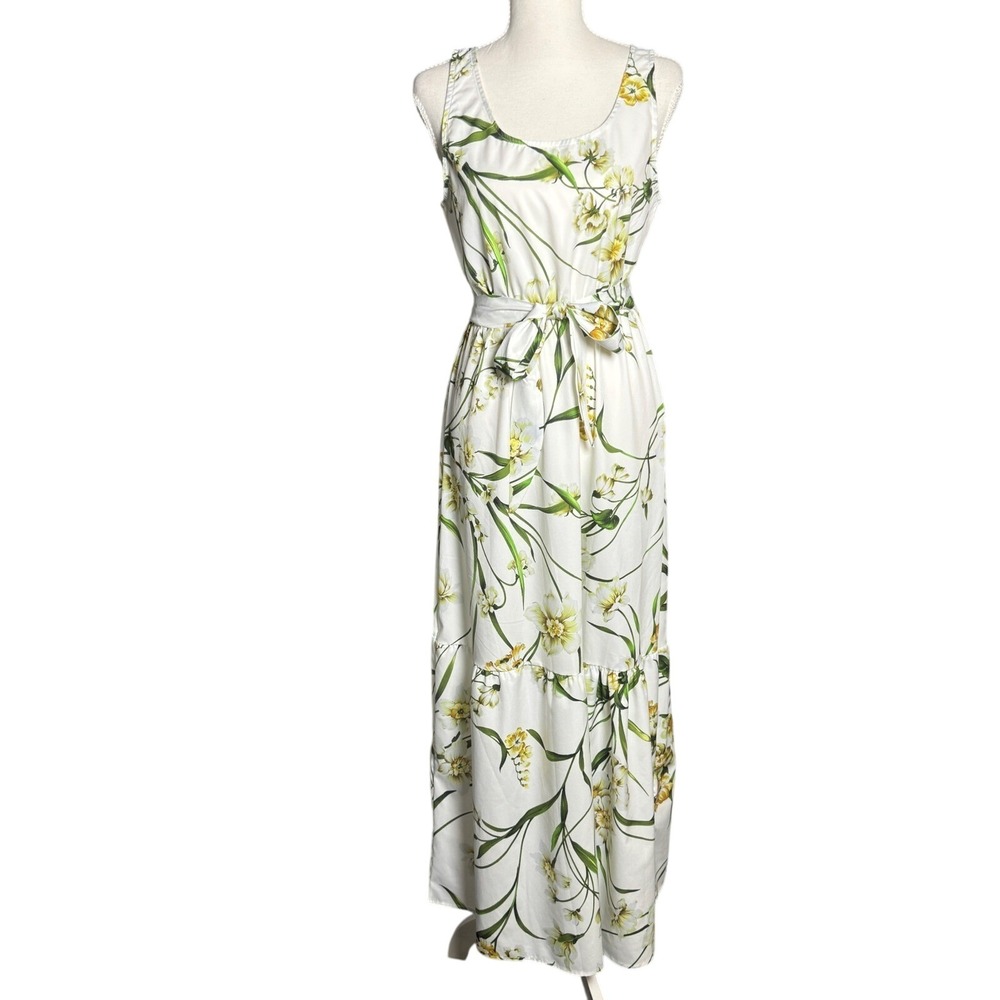 Celmia Floral Maxi Dress Women Small White Yellow Sleeveless Summer Boho Gown